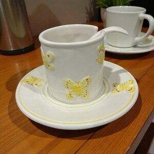 Vintage White Yellow Butterfly Teacup & Saucer Sooon Spring Gift